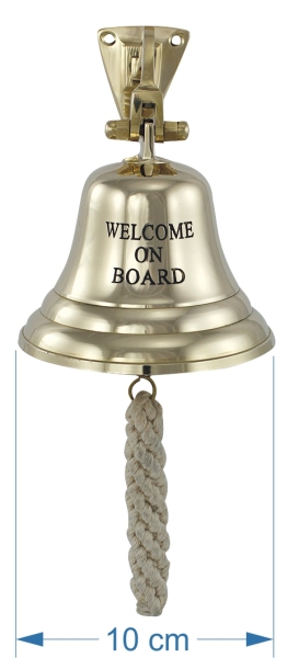 Schiffsglocke Welcome on Board mit Wandhalterung und Glockenbändsel Messing leichte Ausführung Ø 10 cm