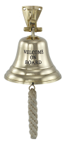 Schiffsglocke Welcome on Board mit Wandhalterung und Glockenbändsel Messing leichte Ausführung Ø 10 cm