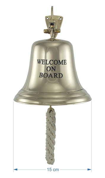 Schiffsglocke Welcome on Board mit Wandhalterung und Glockenbändsel Messing leichte Ausführung Ø 15 cm