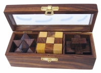 3 Knobelspiele in der Box mit Glasdeckel Holz 18 x 7 x 6 cm