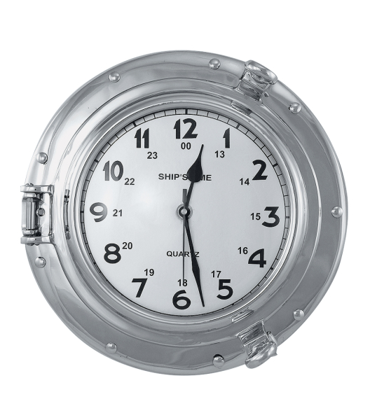 Uhr im Bullauge Messing vernickelt 12 und 24 Stunden Anzeige Ø aussen 29 cm innen 18 cm