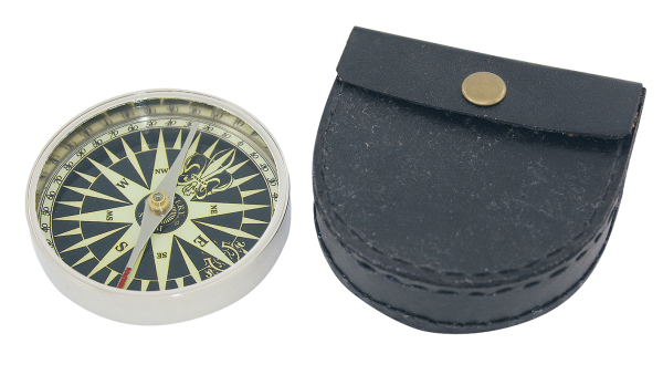 Kompass Messing vernickelt Ø 73 mm H 13 mm mit Leder-Etui
