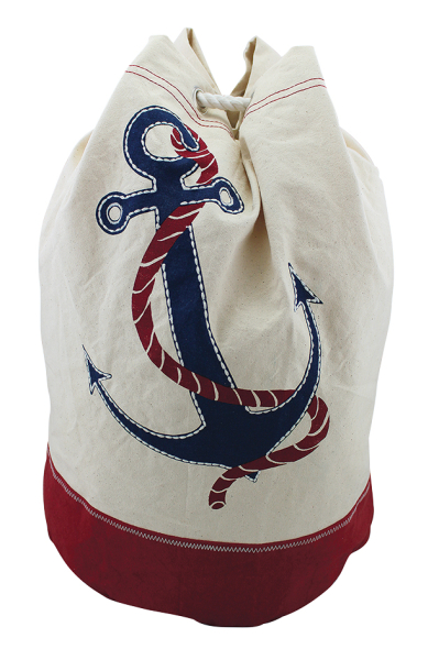 Rucksack Seesack mit Ankermotiv 100% Baumwolle beige rot blau H 45 cm Ø 30 cm