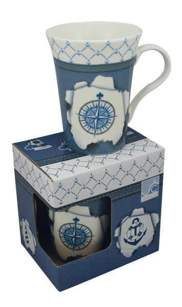 Porzellan Tasse Kaffeepott Windrose in der Geschenkbox spülmaschinengeeignet