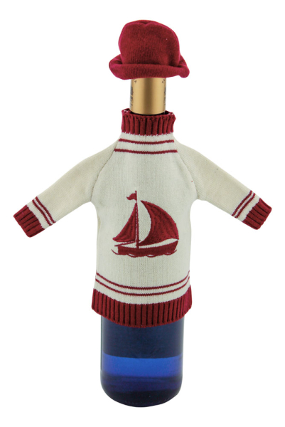 Flaschenpulli mit Mütze Baumwolle beige rotes Boot