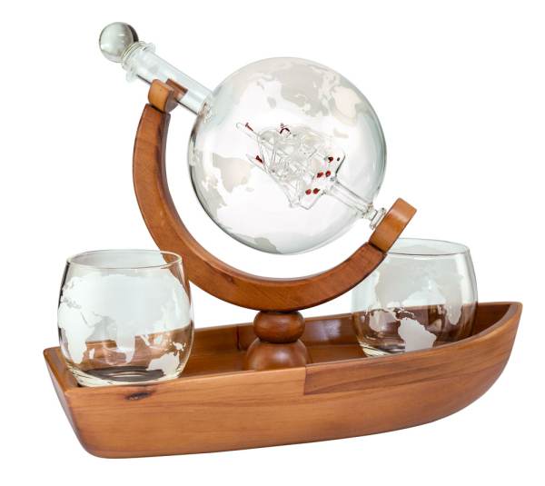 Kolben-Karaffe aus Glas mit Boots-Ständer  2 Welt-Gläser