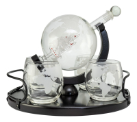 Kolben-Karaffe aus Glas mit Holzständer  4 Welt-Gläser