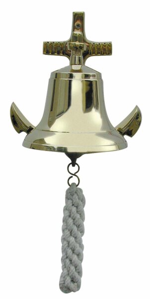 Glocke mit Anker-Wandhalterung und blauem Bändsel Messing Ø ca 8 cm, optional mit Text-oder Logo-Gravur