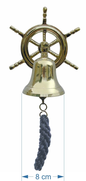 Glocke mit Steuerrad-Wandhalterung und blauem Bändsel Messing Ø ca 8 cm