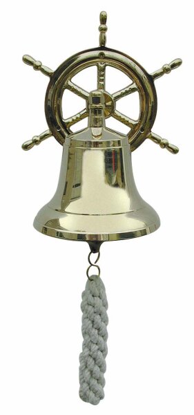 Glocke mit Steuerrad-Wandhalterung und blauem Bändsel Messing Ø ca 8 cm, optional mit Text-oder Logo-Gravur