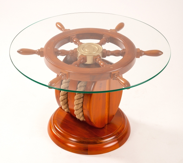 Tisch Steuerradtisch Couchtisch mit Glasplatte rund Ø 65 cm auf Steuerrad mit Messingnabe und Blockrolle H 41 cm