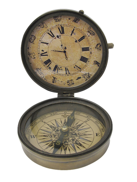 Kompass mit Uhr Messing antik Ø ca. 9 cm H ca. 4-10 cm