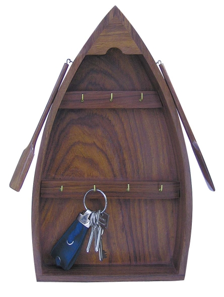Schlüsselkasten Boot Holz mit Messinghaken 22 x 38 x 6 cm