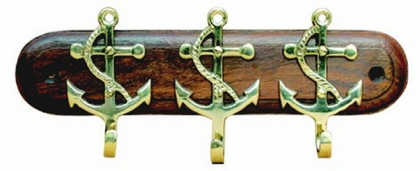 2 Schlüsselhaken-Leisten jeweils 3 Anker Messing auf Holz 18 x 7 cm